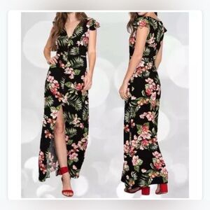 Ambiance Black Maxi Dress Large Front Slit with Hawaiian 🌺 Floral Print
